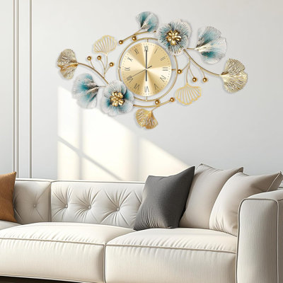 Marler 32"X18" Retro Blue Wall Clock, Silent Metal Ginkgo Leaf Design, Decorative Clock For Living Room, Bedroom, Office, Kitchen (82X48cm)