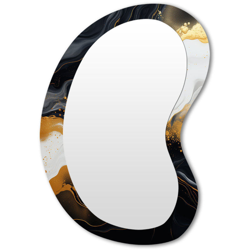 Geana Gold and black Marble Essence I - Marble Unique Shape Large Mirror, Modern Asymmetrical Decorative Wall Mirror, Printed Metal Art