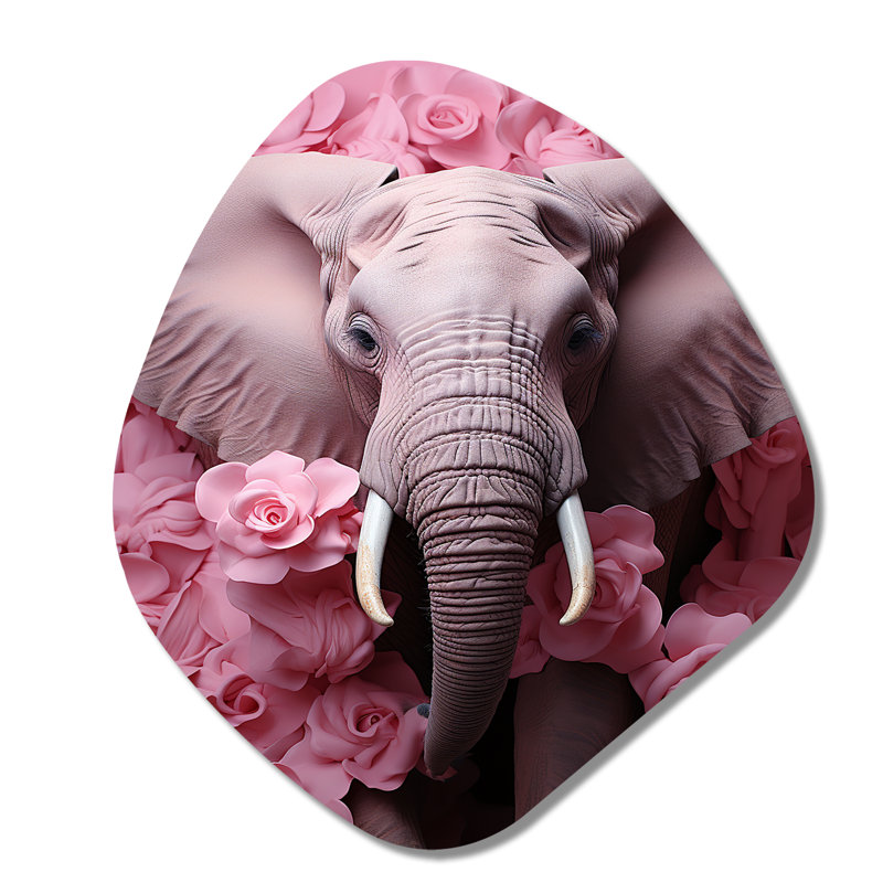 «Pink Romantic Blooms Elephant I - Elephant Nebula Shape», art mural asymétrique en métal, H 28 po x l 25 po