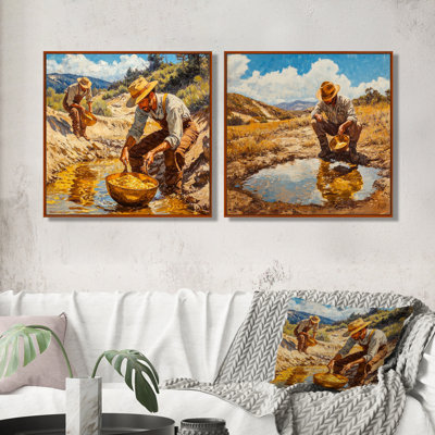 «USA California Gold Rush Cowboy I», art mural américain - ensemble d'art mural traditionnel 2 pièces