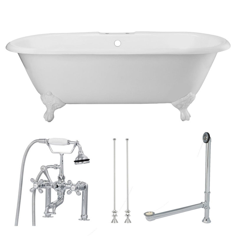 Baignoire de trempage sur pattes 61 "x 31" avec robinet Cambridge, Blanc / pieds blancs / luminaires chromés
