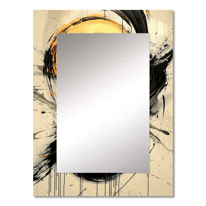 Abstrait cercle doré et gris II - miroir décoratif formes abstraites, miroir mural doré, impression sur métal, 32 po x 24 po