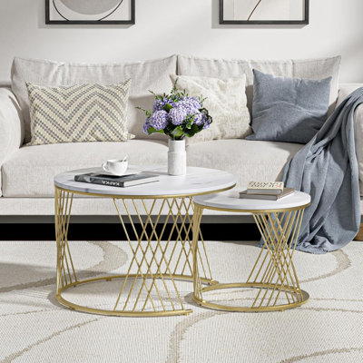 Round Coffee Table Set Of 2, Modern Coffee Tables For Living Room, Faux Marble Centre Table, Nesting Coffee Table Simple Nightstand