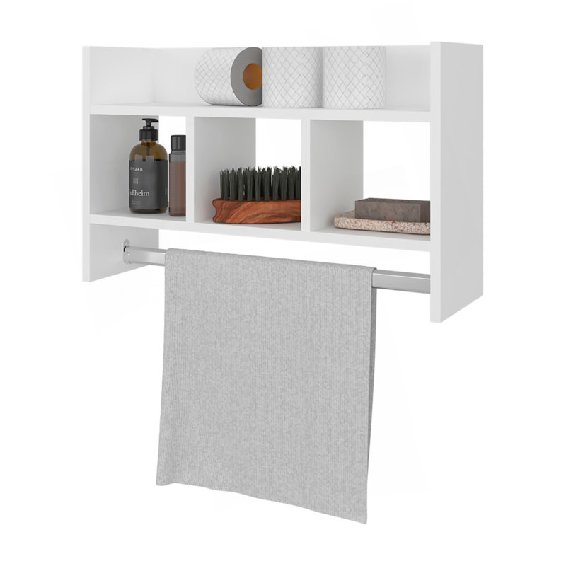 Tablette de bain avec barre à serviettes, tablettes ouvertes et espace de rangement pour les articles de salle de bain