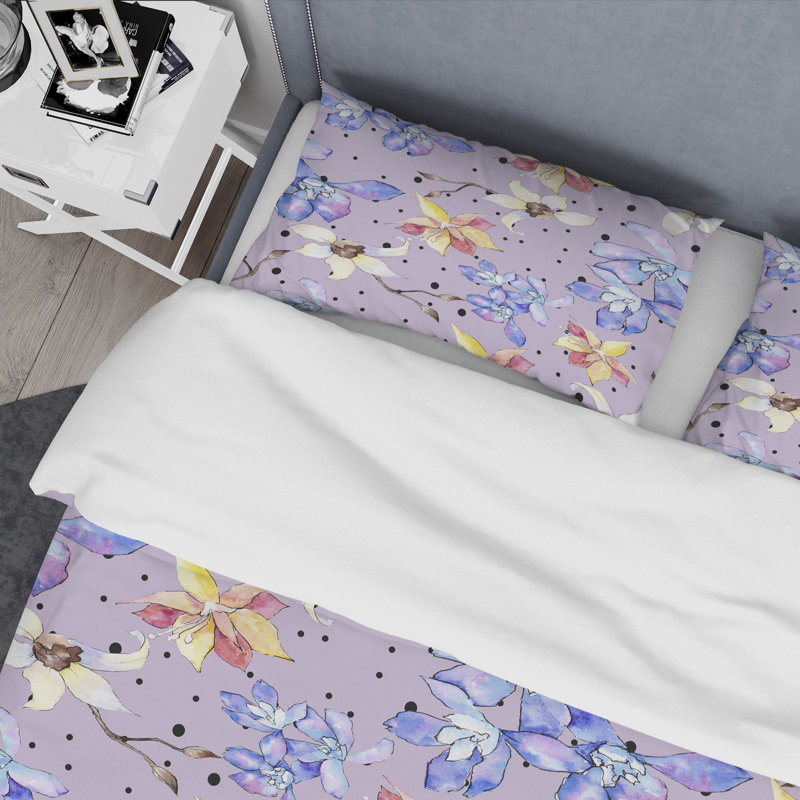 Ensemble de housse de couette à style mid-century floral botanique, Housse de couette double / grand et 2 taies