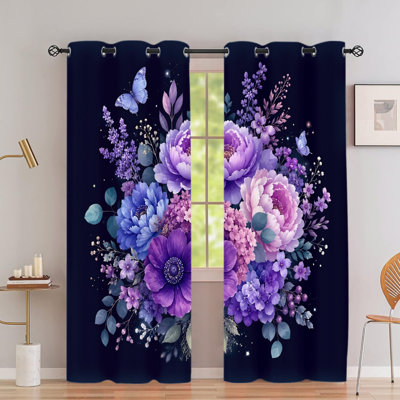 2 pièces de rideaux occultants avec œillets, tissu en polyester imprimé de pivoines bleues et mauves, panneaux de fenêtre à isolation thermique et antibruit avec protection de la vie privée, décoration intérieure pour chambre à coucher, chambre d'adolescent