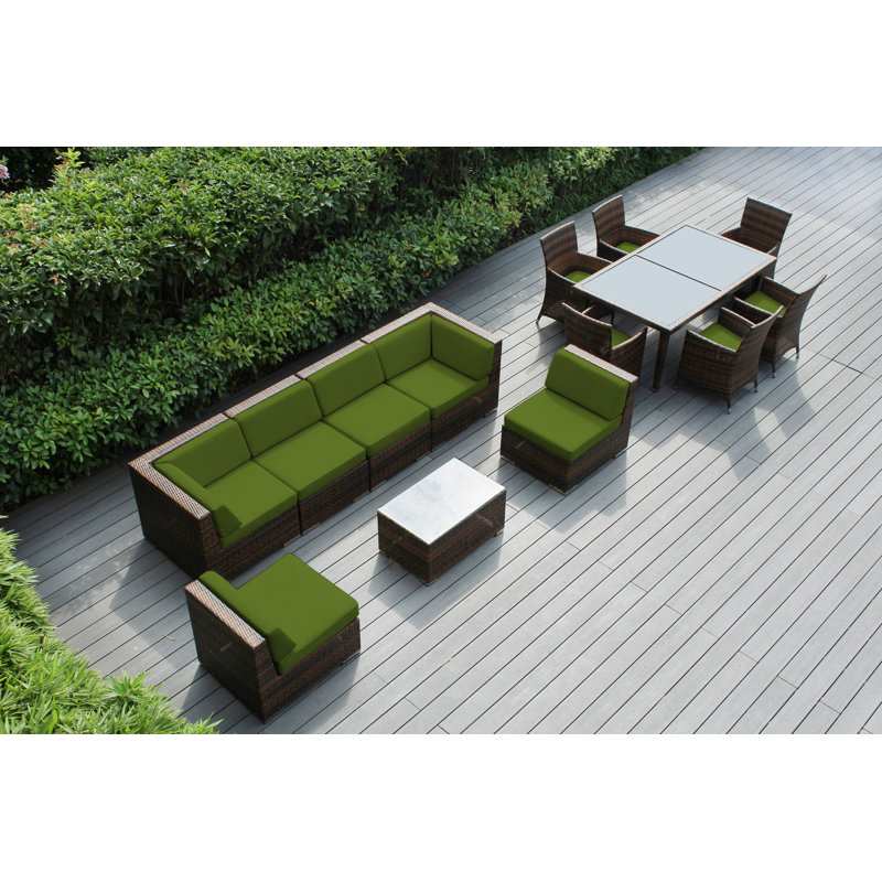 Ensemble de patio complet en rotin avec coussins 14 pièces Pavior, Mélange de bruns, Sunbrella Ara