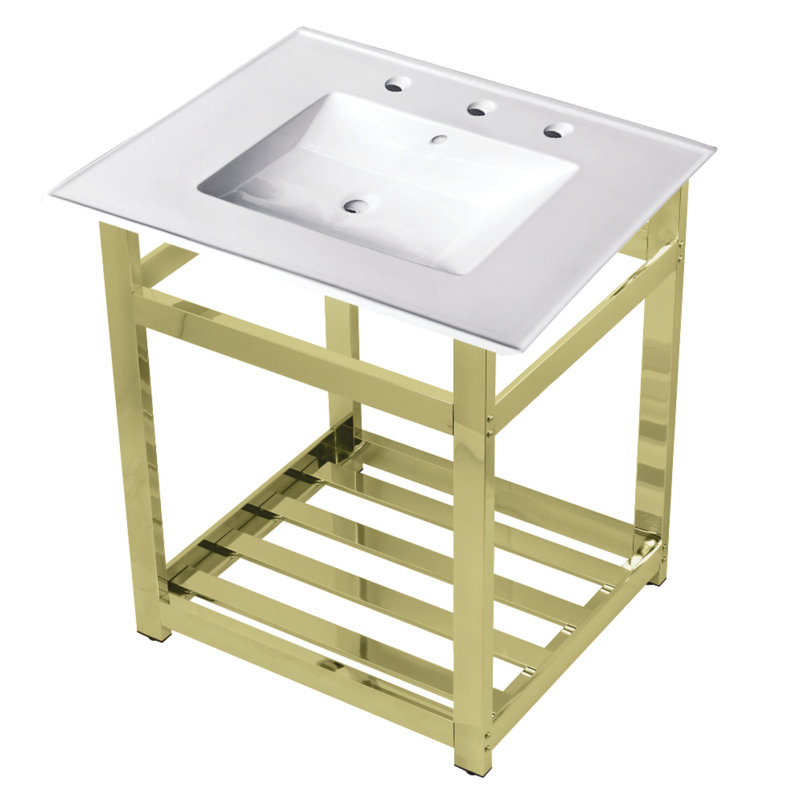 Lavabo de salle de bain console en céramique avec trop-plein, Blanc / laiton poli, Centres de 8 po