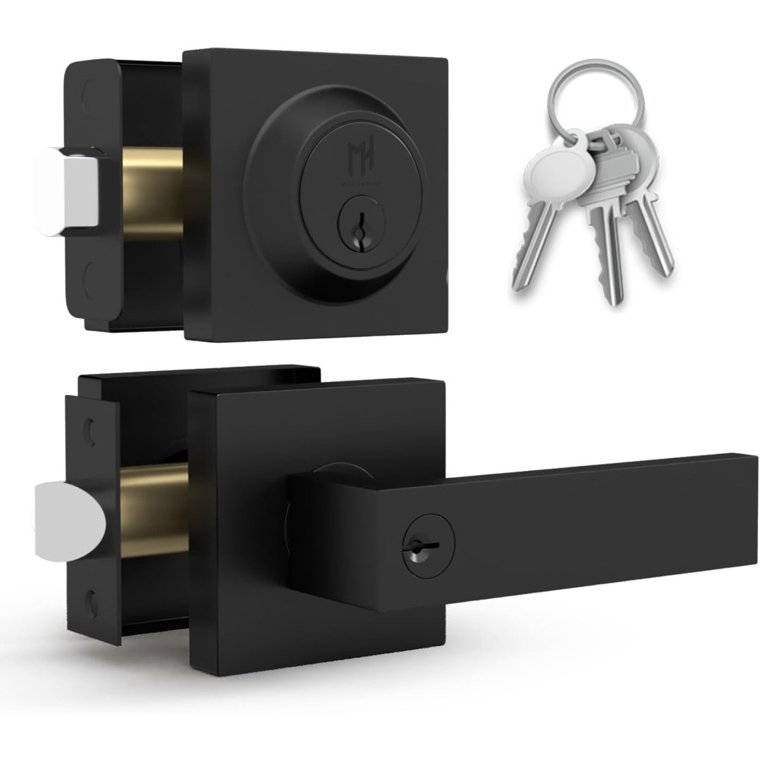 Mega Handles ROBELL Reversible Entry Door Lever and Single Cylinder Deadbolt Lock Combo Pack | Modern Keyed Lever Mega Handles 