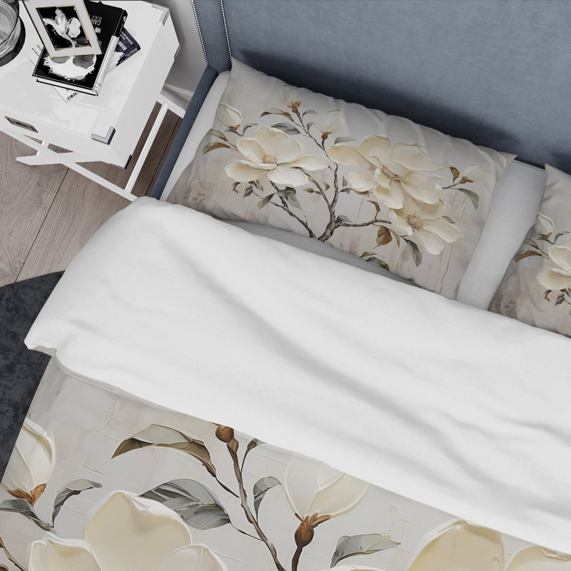 Ensemble de housse de couette beige et vert Magnolias, Housse de couette très grand et 2 très grandes t