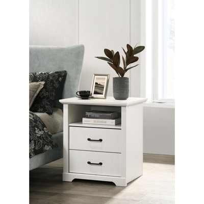 22"W 2 White Nightstand, Charging, Open Top Shelf, Black Metal Pulls, 43 Lbs Product Weight 22-Inch Wide Bedside Table, White, 2 Drawers, And -C Handles, 30 Shelf Capacity Limit
