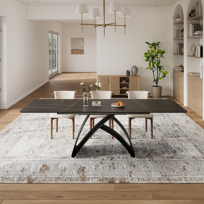 63"-94"modern Extendable Dining Table For 4-10, Matte Black Kitchen Table With Black Carbon Steel Legs
