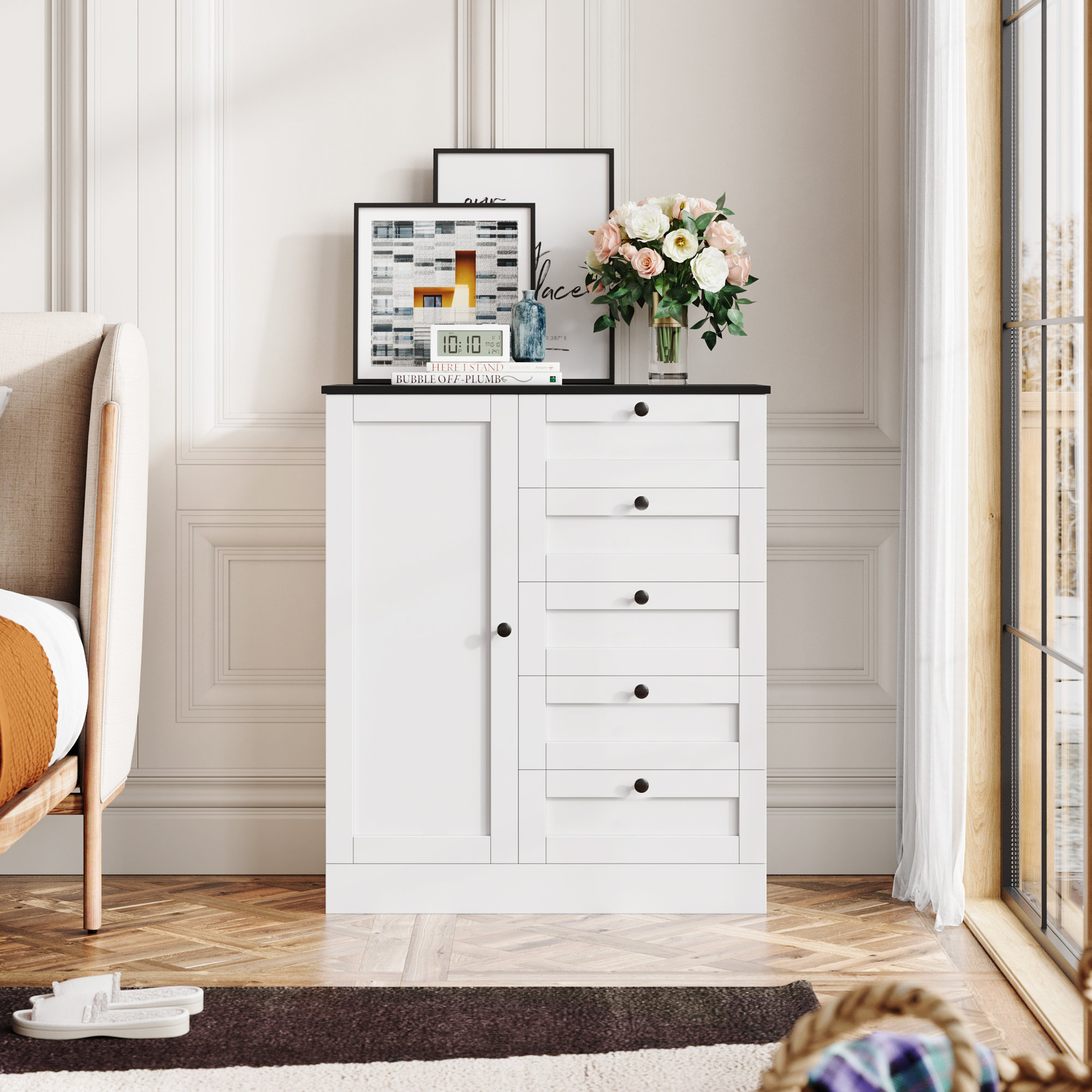 Dresser for Bedroom 16 Drawers, Tall White Fabric Dresser Organizer with Wood Top&Leather Front Ebern Designs