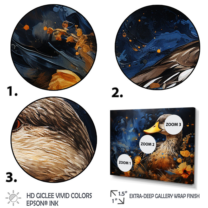 Canard bleu baroque élégance II - Canard, art mural, H 30 po x l 40 po x P 1,5 po, Cadre d'angle fermé noir