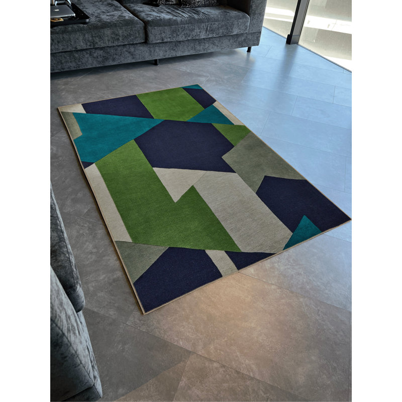Tapis décoratif moderne à motif géométrique vert-bleu, Tapis de couloir 3 pi 10 po x 9 pi 10 po