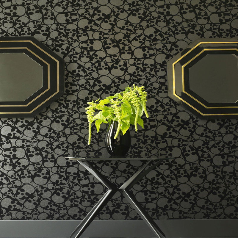 Designer Barbara Hulanicki Black Skulls Print Flocked Luxury Wallpaper