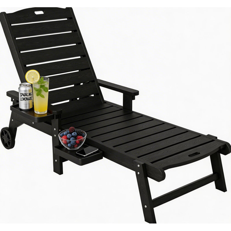 Outdoor Chaise Lounge Chair, All Weather HIPS Patio Lounge Chair with Cup Holder and Armrest for Outside, Beach, Pool, Deck, Black