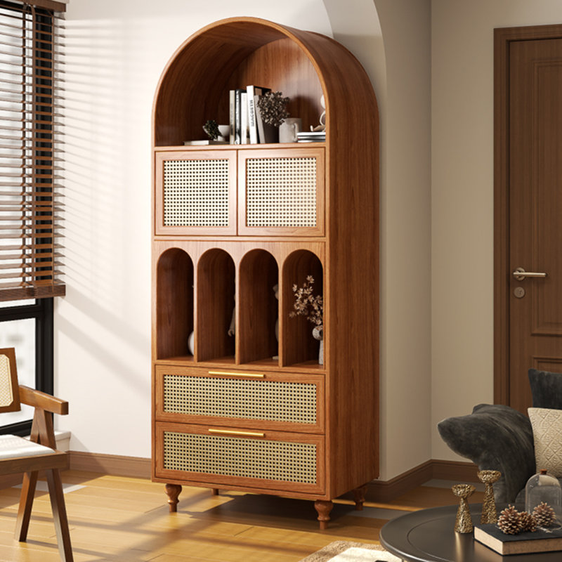 Cherry Wood Color + Beige Solid Wood + Rattan Display Cases, 78.74" H x 39.37" W x 15.75" D
