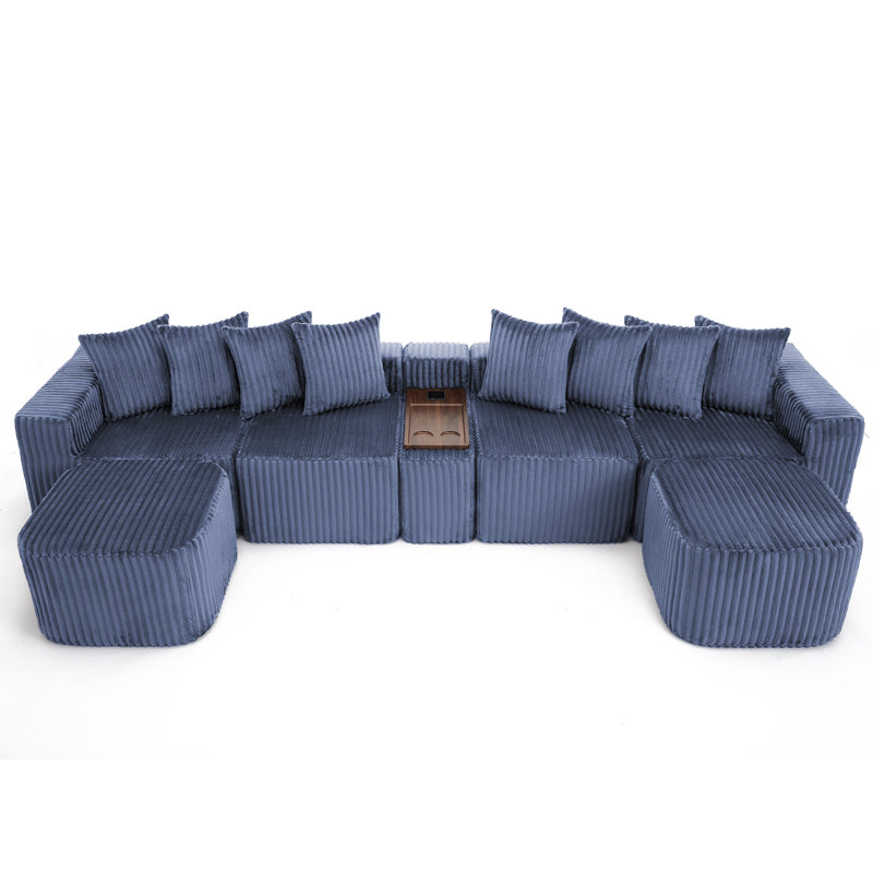 Nouvelle arrivée, canapé modulaire en forme de U de 137,5 pouces, canapé convertible 6 places 8 en 1, revêtement en velours côtelé de polyester, console mobile avec chargement USB et sans fil, tableau de porte-gobelet, repose-pieds mobile, aucun assemblage requis, bleu