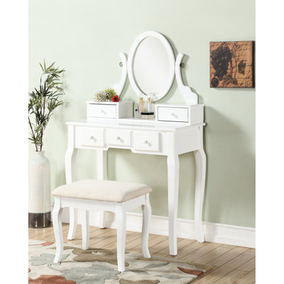 Bureau et tabouret de coiffeuse en bois, blanc - rangement 5 tiroirs et miroir ovale réglable pour tabouret de beauté