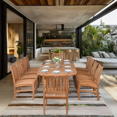 Ensemble de salle à manger d'extérieur en bois de teck 11 pièces 11 pièces avec table à rallonge ovale double et 10 chaises d'appoint Abaco