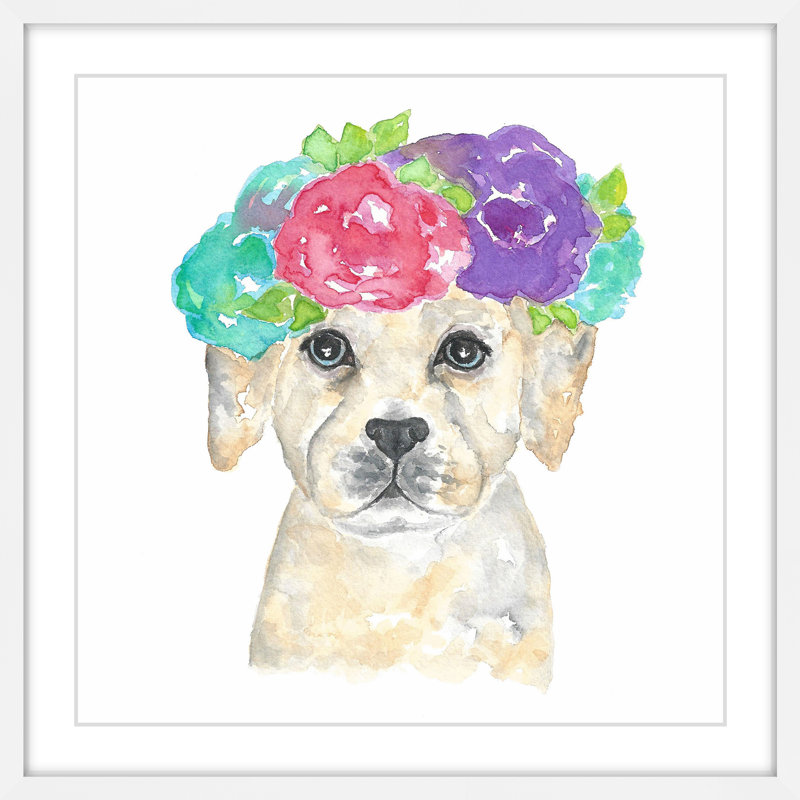 «Dog With Flower Crown» par Thimble Sparrow, reproduction encadrée, H 24 po x l 24 po x P 1,5 po