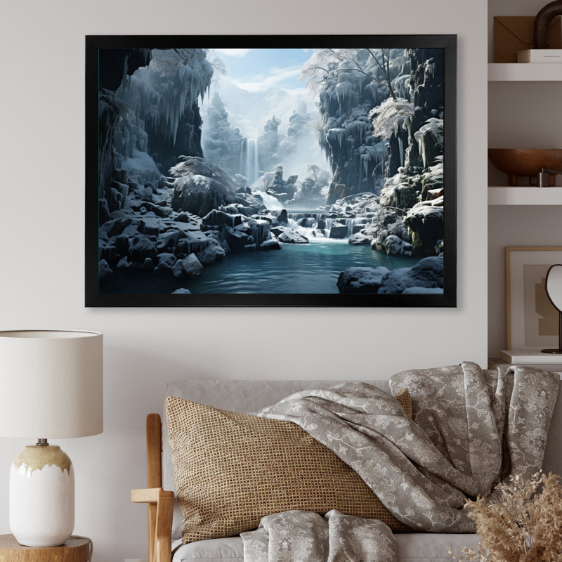 «Grey White Waterfall Frozen Symphony IV», reproduction sur toile, H 16 po x l 32 po x P 1 po, Cadre simple noir
