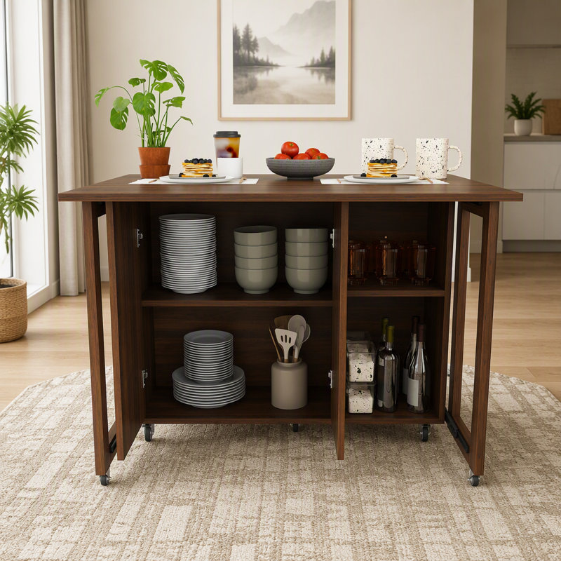 Table d'appoint 3 en 1 avec 4 grandes étagères de rangement, table à manger pliable de 104 cm, table d'appoint multifonctionnelle, idéale pour la cuisine, une chambre d'étudiant ou un appartement.