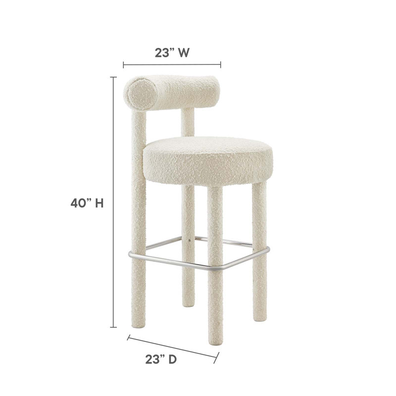 Ivory Boucle Fabric Bar Stool with Metal Stretcher, 30" Seat Height