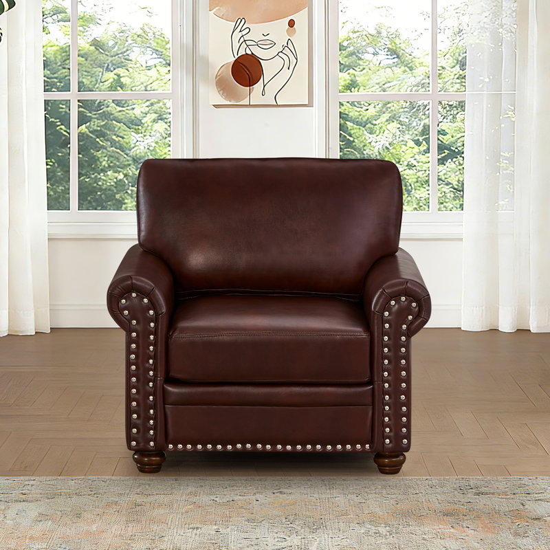 Faux Leather Accent Sofa Chair,35" W Upholstered Mid Century Modern Armchair with Rivet Rolled Arm, Deep Seat Comfy Single Sofa Chair for Living Room, Bedroom, Apartment, Office