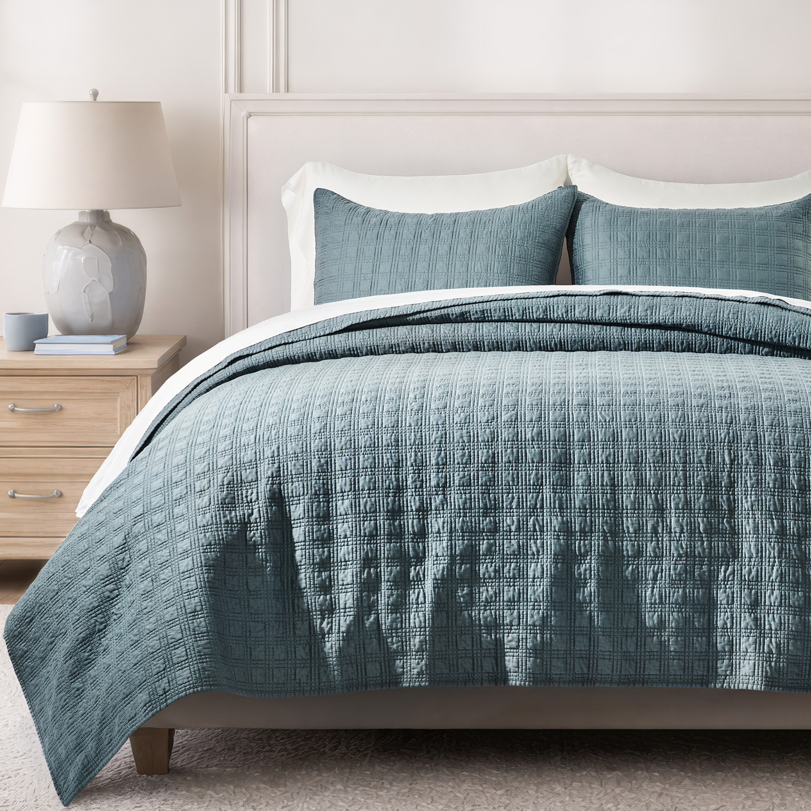 Modern Windowpane Cotton Sateen Quilt Set,Pre-Washed 100% Cotton Coverlet Bedspread, 3-Piece Soft Lightweight Bedding Set With 2 Shams For All Seasons
