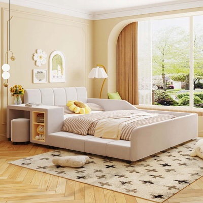 Velvet Upholstered Grounded Bed with Stool