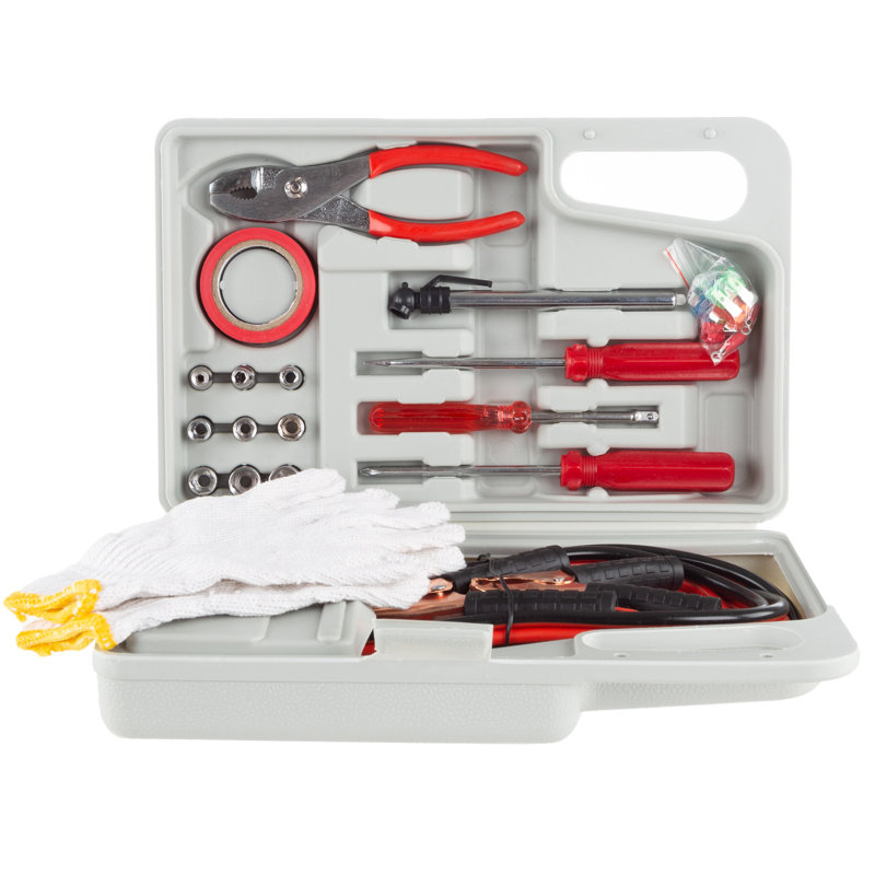Trousse d'auto d'urgence Roadside - ensemble d'outils 30 pièces Road Trip Essentials avec câbles de démarrage et étui de transport pour voiture, camion ou véhicule récréatif par Stalwart (gris / rouge)