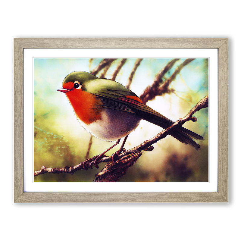Imaginative Robin Bird - Single Picture Frame Print, Oak, 46cm H x 64cm W x 2cm D