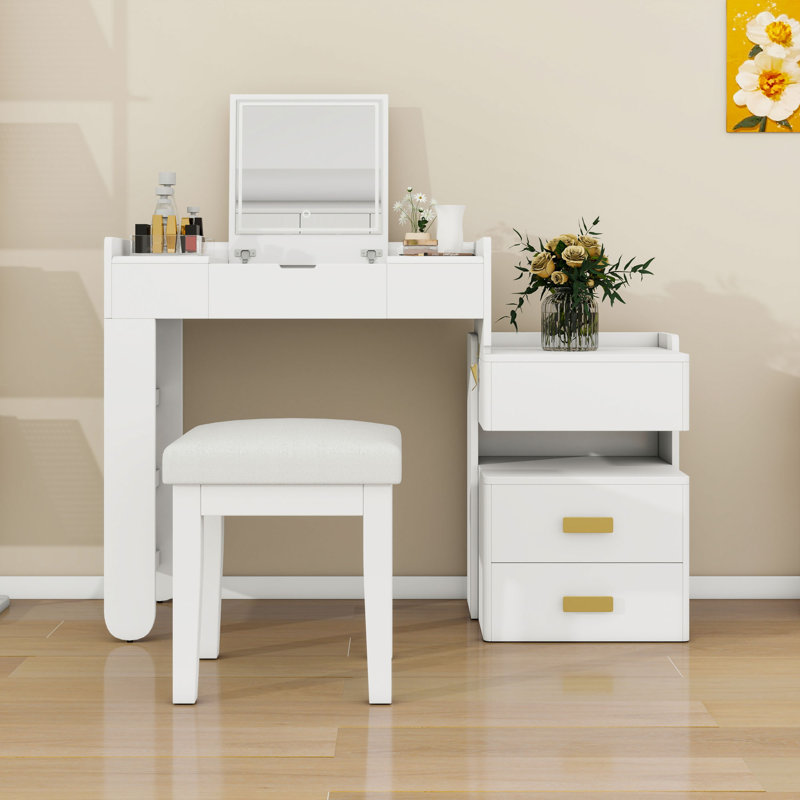 Makeup Vanity Desk with Flip-Top Mirror, Drawers, LED Lighting and Stool, White