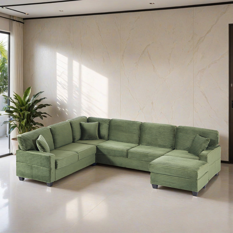 Canapé modulaire en U rembourré 125,22 "avec méridienne et repose-pieds pour le salon, Velours côtelé vert