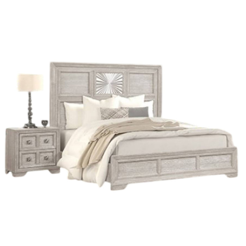 Ensemble de chambre à coucher grand lit 4 pièces Diaz, miroir de commode gris clair Diaz