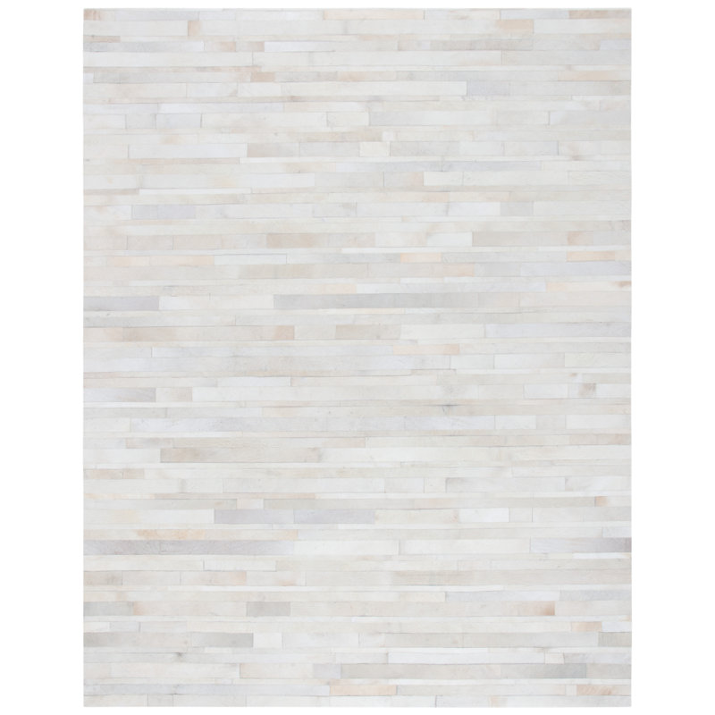 Abstract Hand Woven Leather/Felted Cloth Abstract Rug in Ivory/Light Gray, Rectangle 9' x 12'