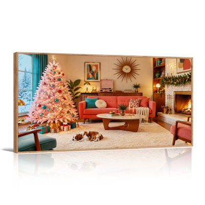 Arbre rose et cheminée dans un salon rétro, art mural sur toile de Noël