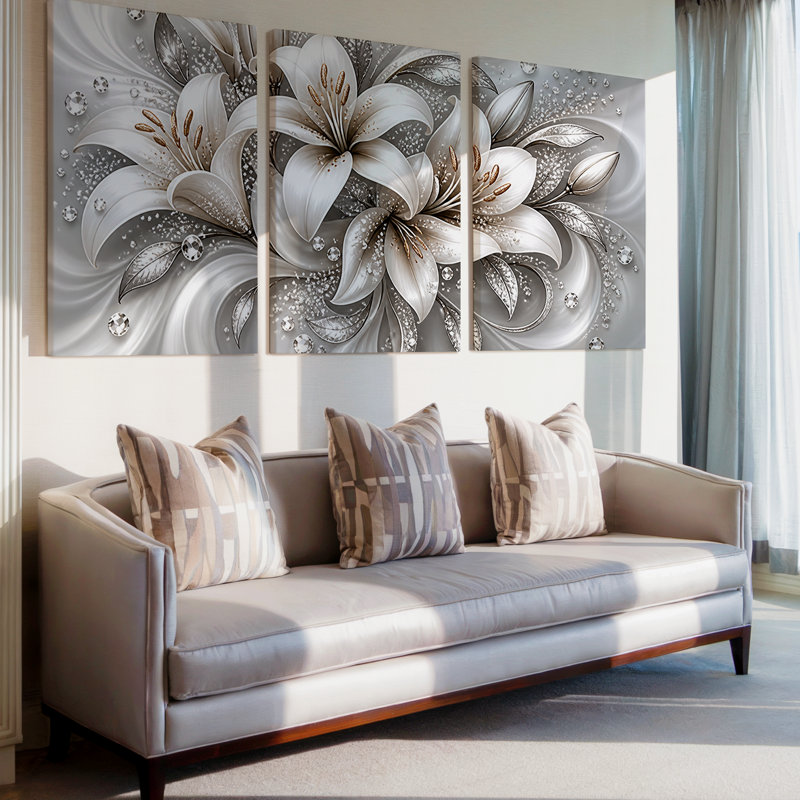 Ensemble de 3 toiles décoratives exclusives représentant des lys blancs et des cristaux argentés, grand format, style botanique luxueux. Parfait pour le salon, la chambre à coucher et le bureau.