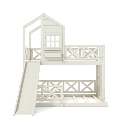 Lit superposé simple/double avec glissade, lit mezzanine cabane avec barrière de sécurité en X, fenêtre et rangement, beige