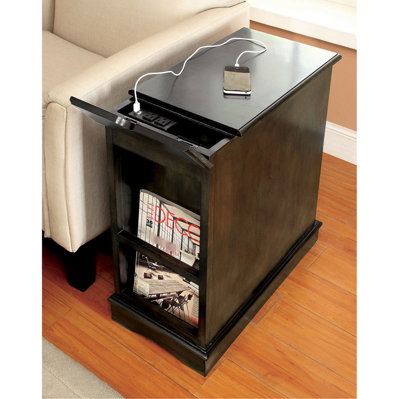 Table d'appoint transitionnelle grise avec porte-gobelet coulissant, port intégré et d'alimentation, armoire de rangement pour magazines, placage en bois massif, quai de 24 pouces de profondeur, armoire de rangement, hauteur