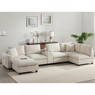 139'' U-Shaped Modular Sectional Sofa With Console, Oversized L-Shaped Corduroy Couch With Wide Seat, USB Charger, Cup Holders, Movable Ottoman, Storage Pockets, 6 Seat For Living Room