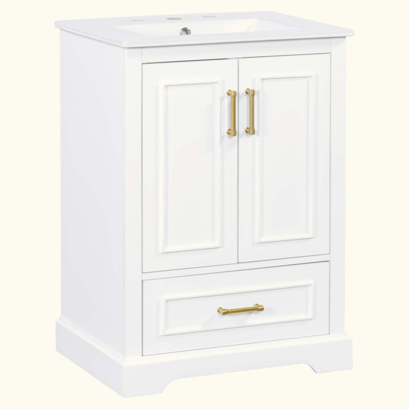 Meuble-lavabo de salle de bain avec lavabo, armoire en panneau de fibres à densité moyenne avec cadre en bois massif, 1 tiroir divisé et 2 portes à fermeture douce avec double tablette sur la porte, meuble-lavabo autoportant