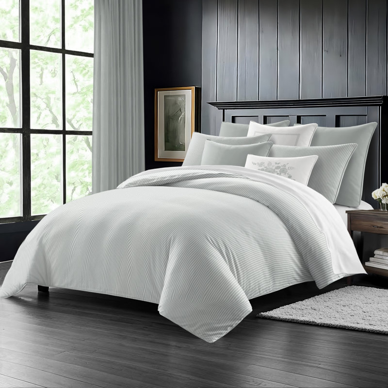 Ruben Stripe Reversible Cotton Duvet Cover Set, Sage, Cal.King Duvet Cover + 2 King Shams