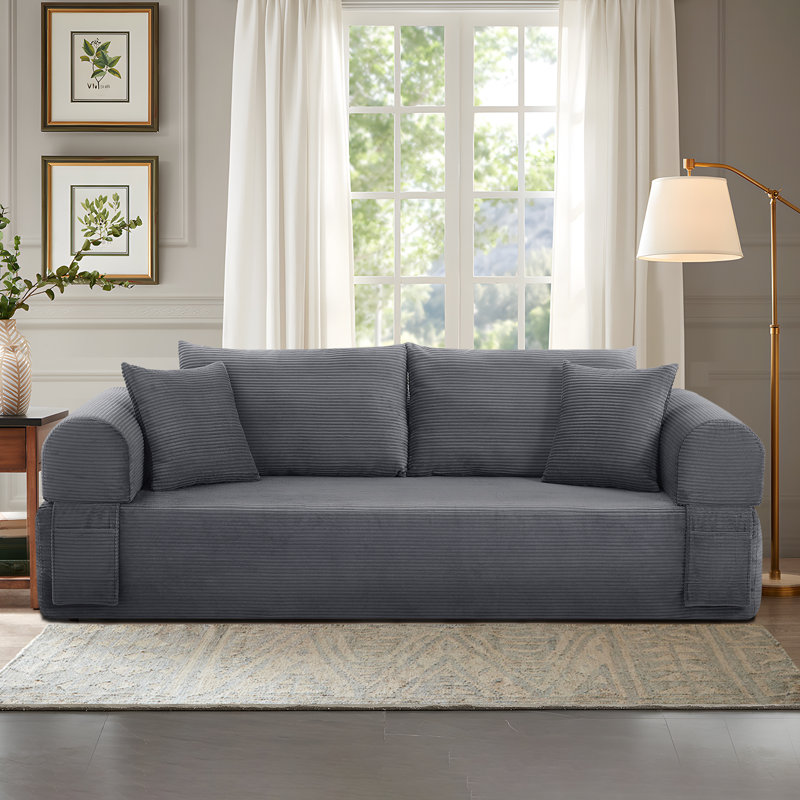 Modern 3-Seater Sofa with Deep Seat, No Assembly Required, Modern Corduroy Couch with 2 Pillows, Lazy Compression Sofa for Living Room Bedroom, Hybrid Sofa in a Box