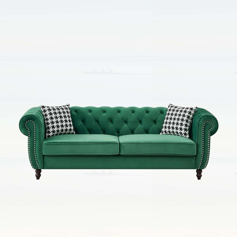 Canapé Chesterfield en velours avec accoudoirs roulés et têtes de clou, canapé Mid-Century 3 places pour salon, bureau, appartement