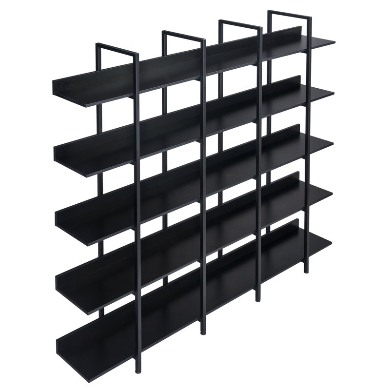 5 Tier Bookcase Home Office Open Bookshelf, Vintage Industrial Style Shelf With Metal Frame, MDF Board, Black