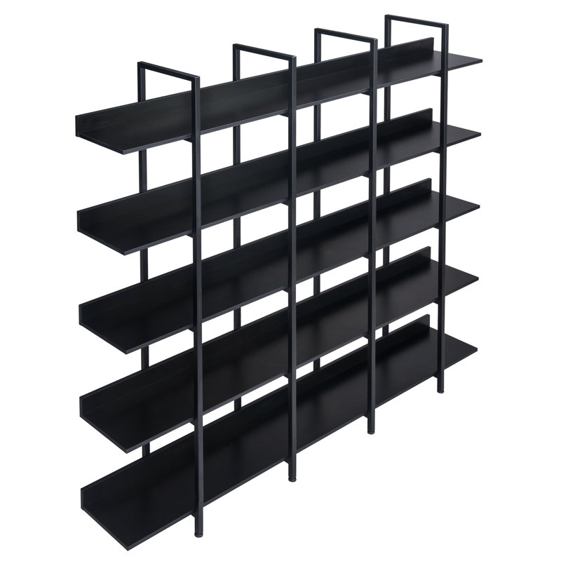5 Tier Bookcase Home Office Open Bookshelf, Vintage Industrial Style Shelf With Metal Frame, MDF Board, Black