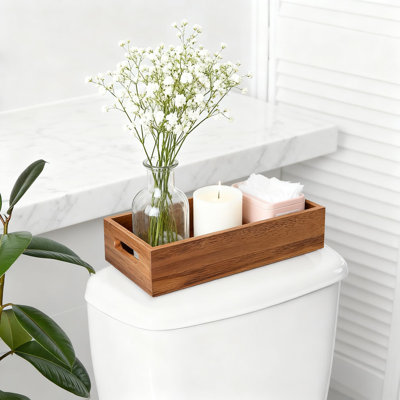 Panier de rangement pour salle de bain avec poignée, organisateur de réservoir de toilette en bois pour papier hygiénique et articles de toilette essentiels, boîte décorative peu encombrante pour comptoir et meuble-lavabo